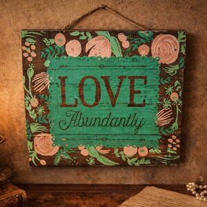 Rustic Love Abundantly Sign Wood Boards Wall Hanger/ Table Kick Stand 12 x 12 In